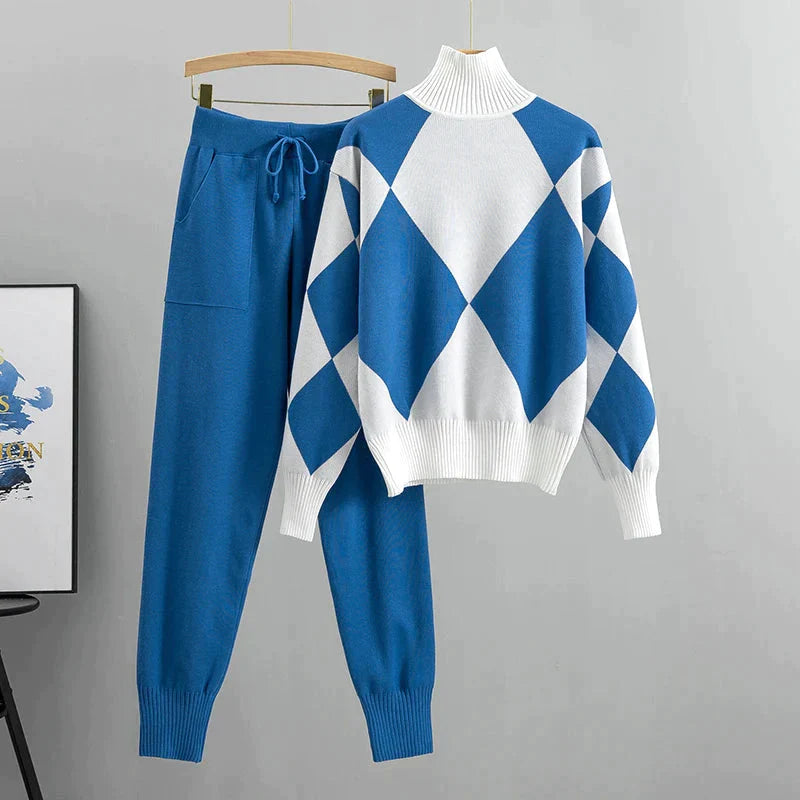 Modefest- Elegantes Set - Weicher Pullover+Lange Hose Blau