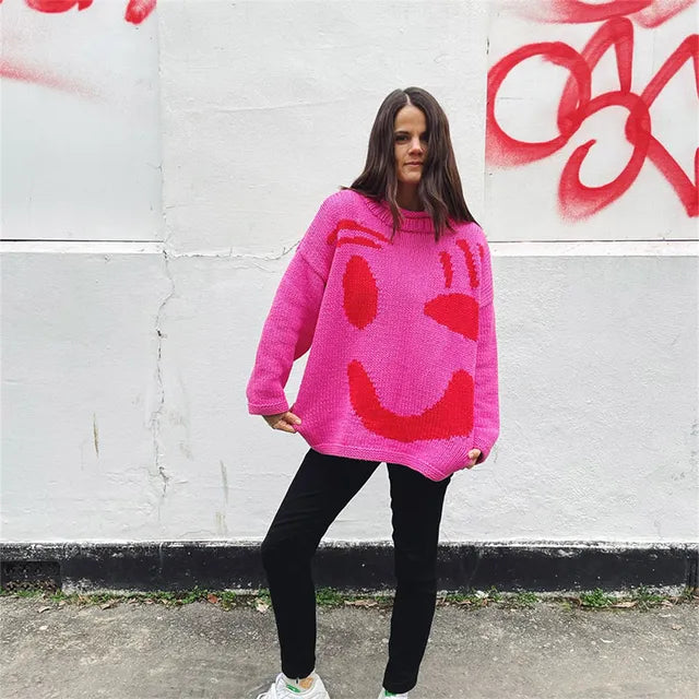 Modefest- Oversized O-Ausschnitt kollidierenden Druck Pullover für Damen Rosa