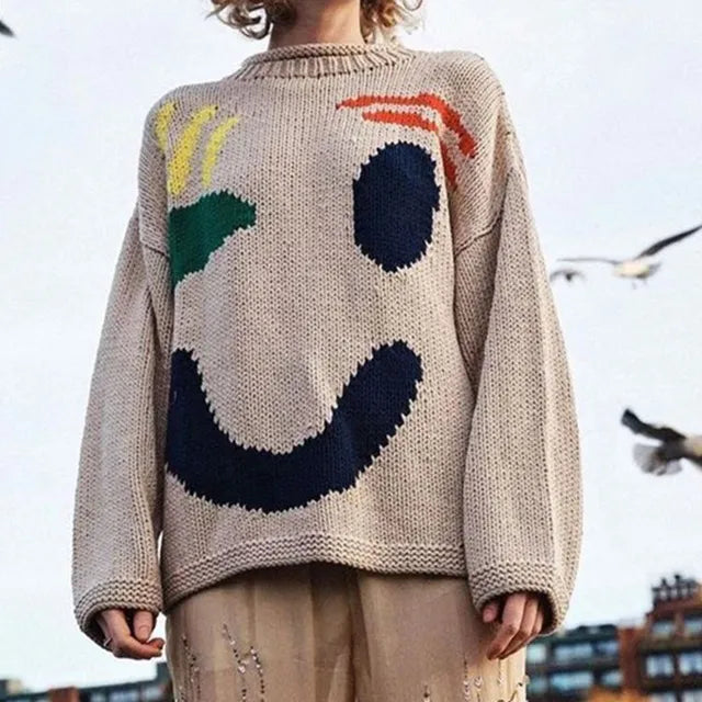 Modefest- Oversized O-Ausschnitt kollidierenden Druck Pullover für Damen Weiß