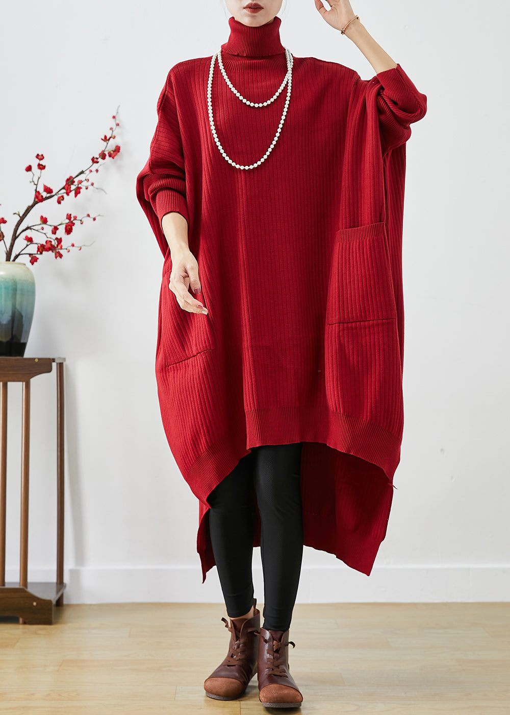 Modefest- Rot Übergroßer Strickpullover Kleid mit asymmetrischem Fledermaushals Rot