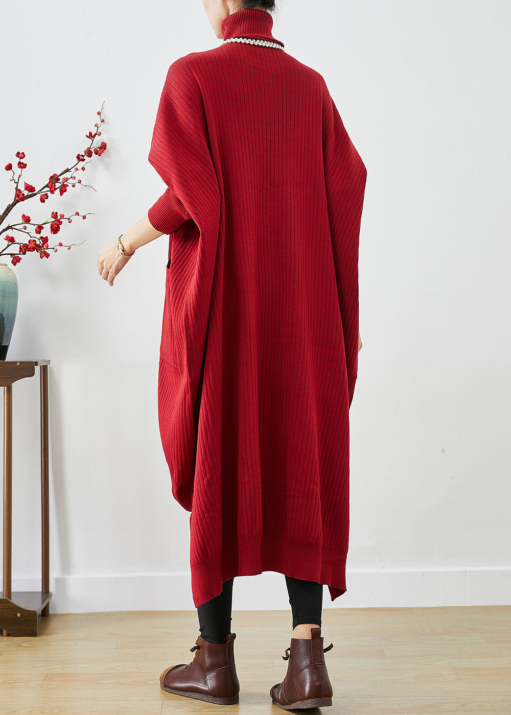 Modefest- Rot Übergroßer Strickpullover Kleid mit asymmetrischem Fledermaushals