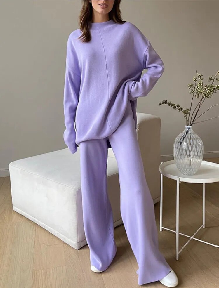 Modefest- Zweiteiliges Winter-Sweatshirt-Set aus Strick Lavendel