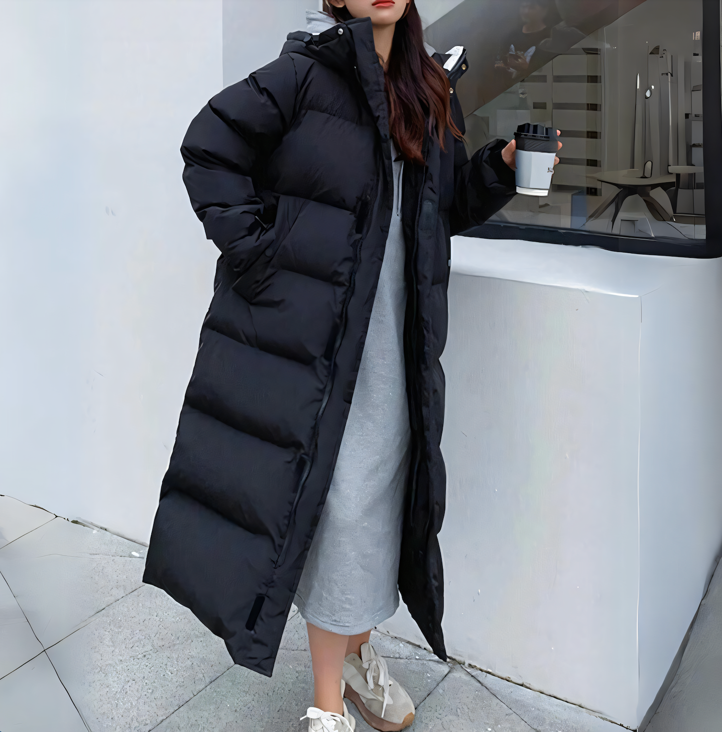 Modefest- Winddichte lange Jacke mit Kapuze für den Winter Schwarz