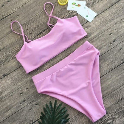 Modefest- Sommer-Bikini Solider Push-Up-Bikini mit gepolsterten BH-Trägern Schwarz