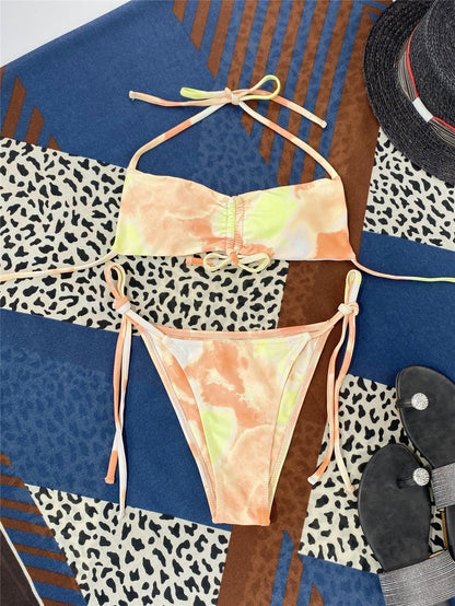 Modefest- Tie Dye Kordelzug vorne Tanga Bikini Badeanzug Frauen zweiteilig