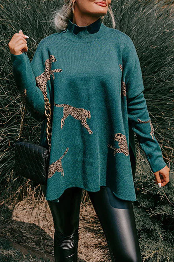 Modefest- Leoparden-Pullover mit Schlitz Grün
