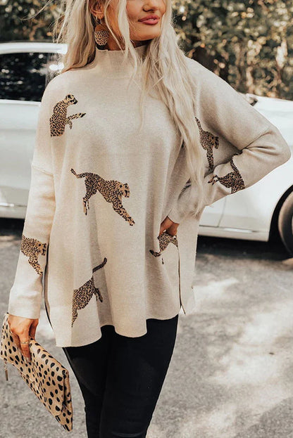 Modefest- Leoparden-Pullover mit Schlitz Taupe