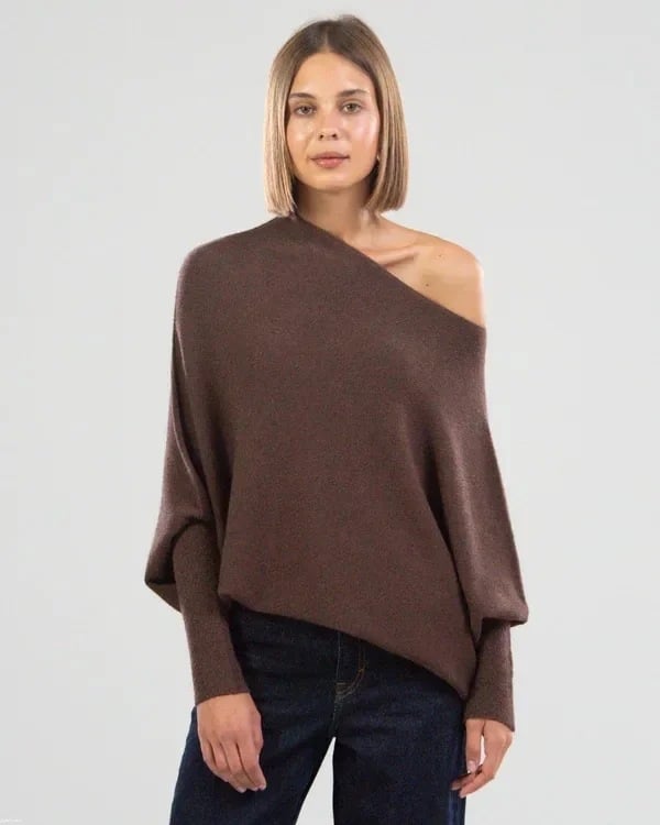 Modefest- Asymmetrisch drapierter Pullover Freie Größe - Länge: 75cm Brustumfang: 160cm Dunkelbraun