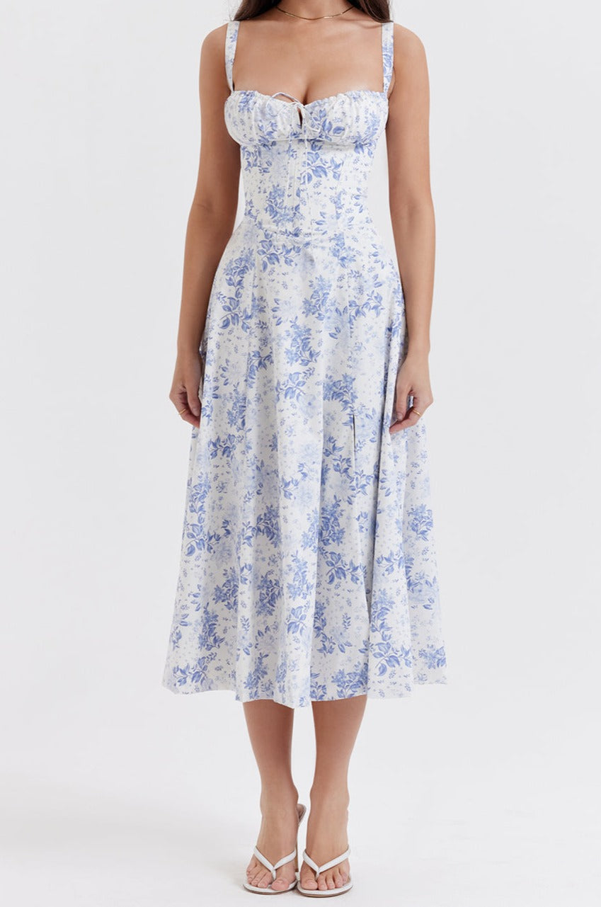 Modefest- Floral Bustier Midriff Taille Shaper Kleid Blau geblümt