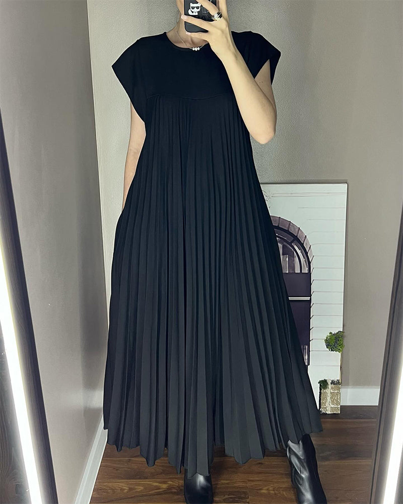 Modefest- Ärmelloses schlichtes einfarbiges Kleid mit Falten Schwarz