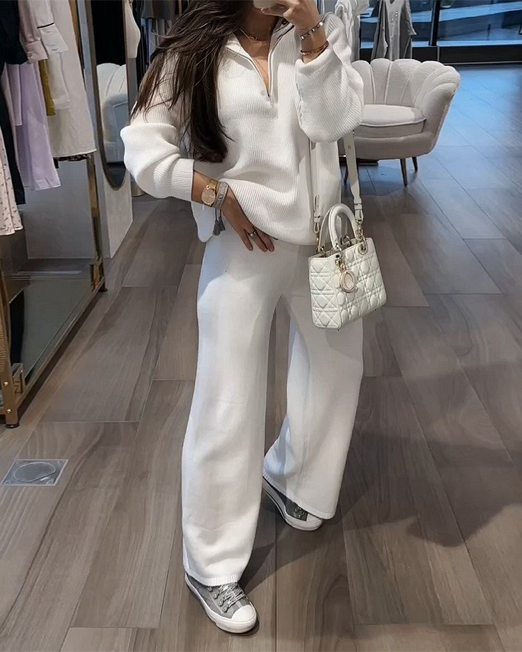 Modefest- Zweiteiliger Anzug mit Hose und langärmeligem Oberteil mit Reißverschluss Weiß