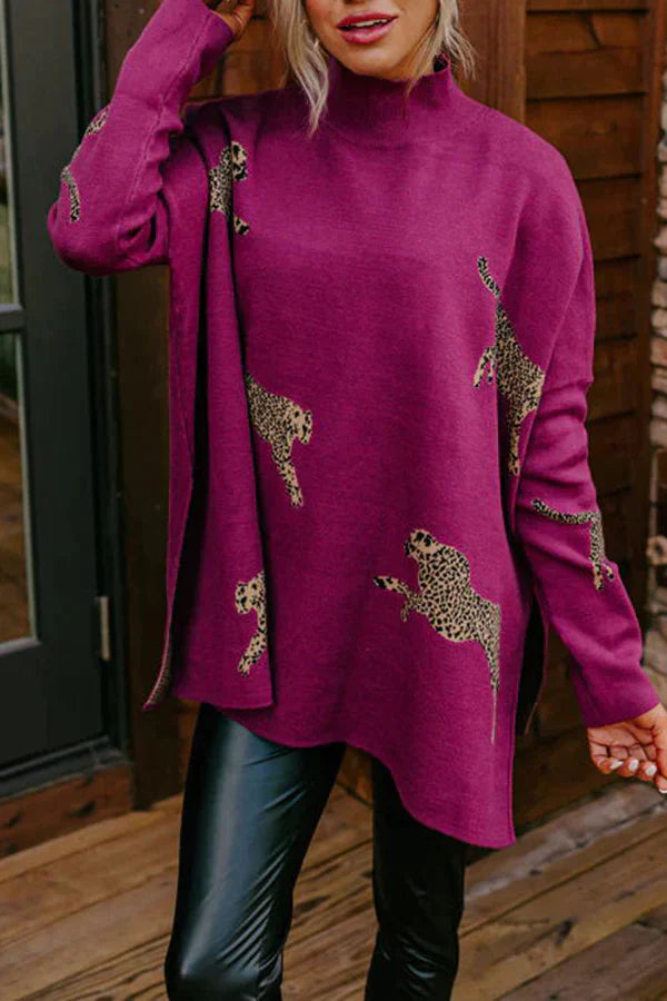 Modefest- Leoparden-Pullover mit Schlitz Wein Rose