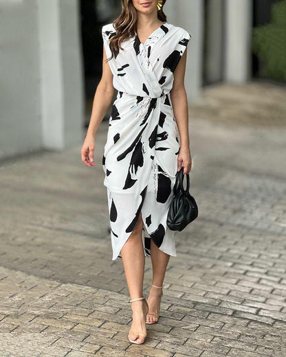 Modefest- Ärmelloses Kleid mit bedruckter Taille Weiß-Schwarz