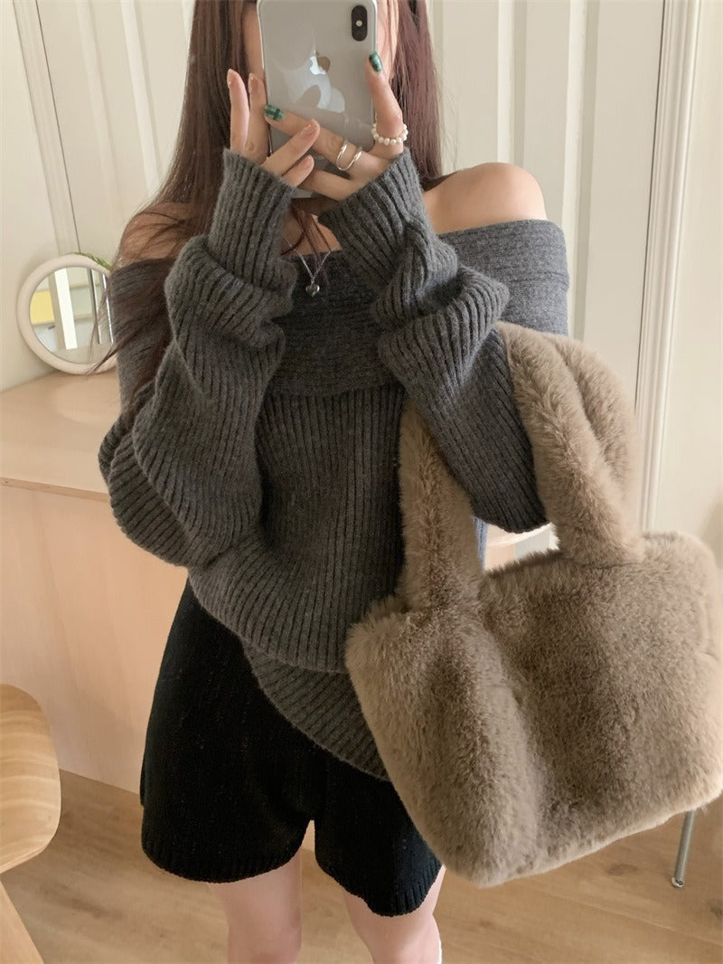 Modefest- Off-Shoulder-Pullover Grau Einheitsgröße für alle