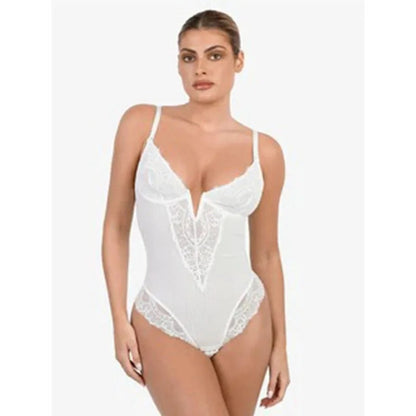 Modefest- Spitzen-Bodysuit mit tiefem V-Ausschnitt Weiß